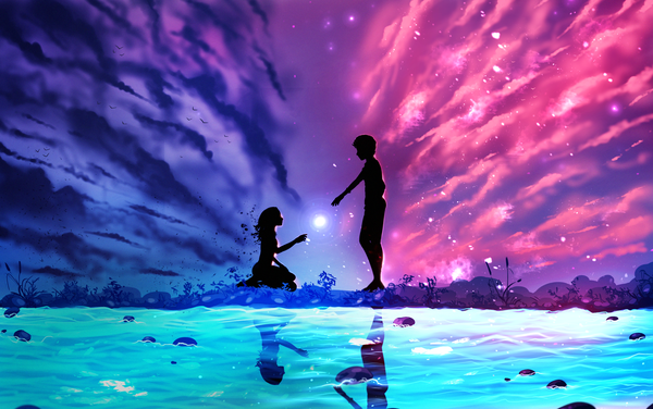 Anime picture 2576x1616 with original ryky long hair highres short hair standing sitting cloud (clouds) profile couple outstretched arm reflection outstretched hand glow silhouette girl boy plant (plants) water star (stars)