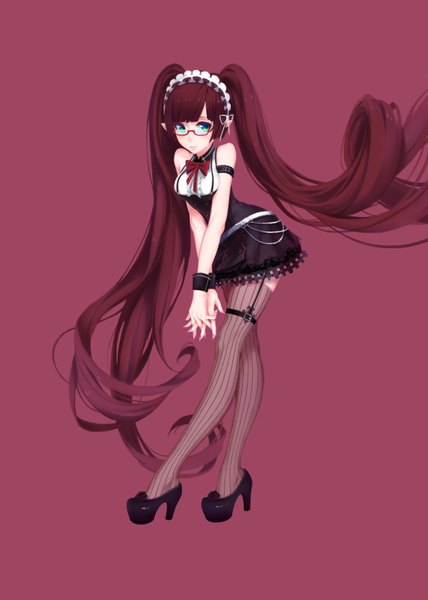 Anime picture 2248x3150 with original q9q single tall image looking at viewer highres simple background brown hair twintails green eyes very long hair purple background girl thighhighs dress glasses headdress striped thighhighs