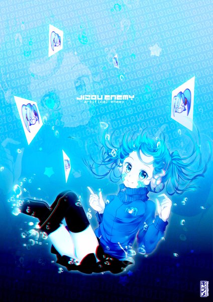 Anime picture 2893x4092 with kagerou project shaft (studio) ene (kagerou project) kirame kirai (artist) single long hair tall image highres blue eyes smile blue hair inscription underwater zoom layer girl thighhighs black thighhighs sweater bubble (bubbles)