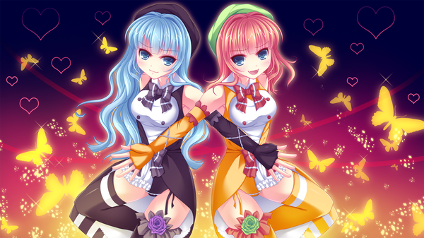Anime picture 1920x1080 with umineko no naku koro ni furfur zepar long hair highres blue eyes wide image multiple girls blue hair red hair girl thighhighs dress bow 2 girls heart insect butterfly bonnet