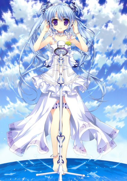 Anime picture 2460x3500 with fujima takuya single long hair tall image blush highres purple eyes twintails blue hair cloud (clouds) girl dress bracelet headphones microphone stand