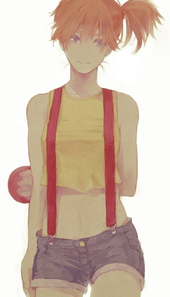Anime picture 1000x1742 with pokemon nintendo misty (pokemon) keipomjp single tall image looking at viewer fringe short hair simple background smile standing white background bare shoulders brown eyes ponytail orange hair girl navel shorts