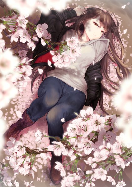 Anime picture 1500x2121 with original kyo single long hair tall image looking at viewer fringe hair between eyes brown hair brown eyes full body outdoors lying parted lips arm up from above blurry off shoulder open jacket on back