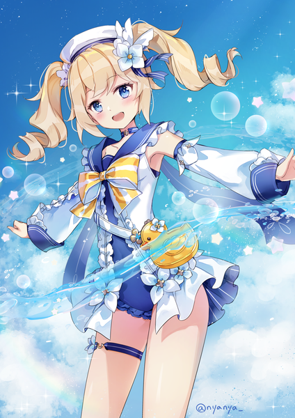 Anime picture 1414x2000 with genshin impact barbara (genshin impact) barbara (summertime sparkle) (genshin impact) nyanya single long hair tall image blush open mouth blue eyes blonde hair twintails signed sky cloud (clouds) :d hair flower sparkle twitter username official alternate costume