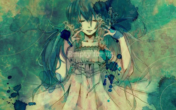 Anime picture 1280x800 with vocaloid hatsune miku 72 (nananatsu) single fringe wide image twintails eyes closed hair flower alternate costume girl dress hair ornament flower (flowers)