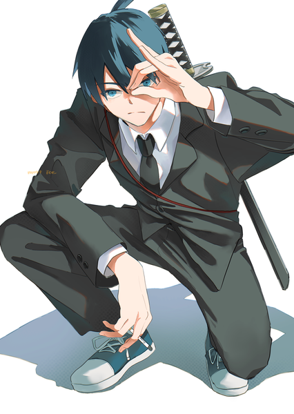 Anime picture 2200x3100 with chainsaw man mappa hayakawa aki ice morinaka single tall image looking at viewer fringe highres short hair blue eyes simple background hair between eyes white background blue hair shadow squat fox shadow puppet boy weapon