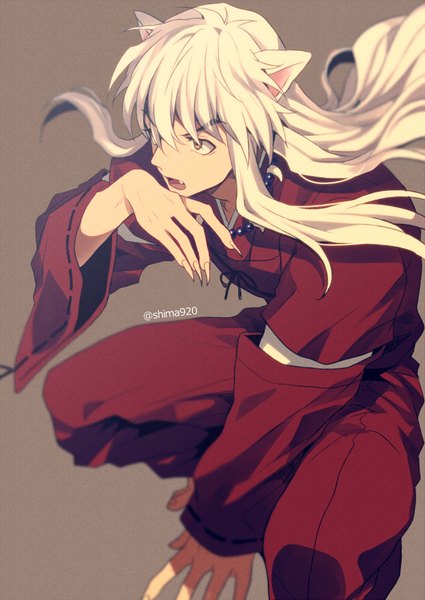 Anime picture 600x847 with inuyasha inuyasha (character) mashima shima single long hair tall image fringe open mouth simple background hair between eyes animal ears yellow eyes payot looking away white hair traditional clothes japanese clothes from above fang (fangs) eyebrows