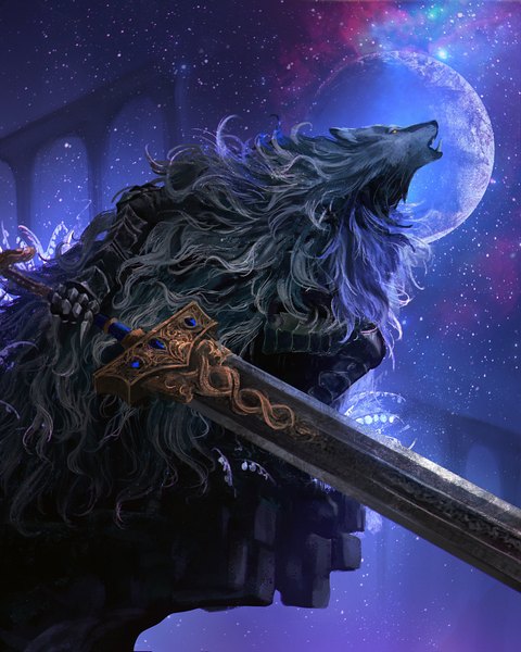 Anime picture 3277x4096 with elden ring blaidd the half-wolf caio santos single tall image highres holding absurdres night night sky boy weapon animal armor moon star (stars) full moon huge weapon huge sword furry