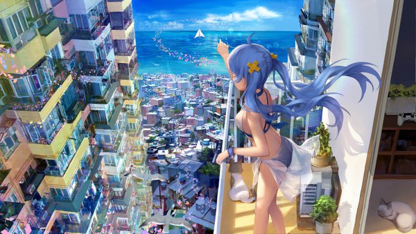Anime picture 5700x3206 with sony ai-chan (playstation) stellarism single long hair blush highres breasts light erotic wide image standing twintails blue hair looking away absurdres sky cloud (clouds) ahoge outdoors ass
