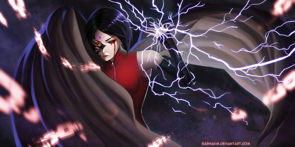 Anime picture 4000x2000 with naruto studio pierrot naruto (series) uchiha sarada sashakim single highres short hair black hair red eyes wide image signed arm up sleeveless text facial mark black wings crying serious blood on face