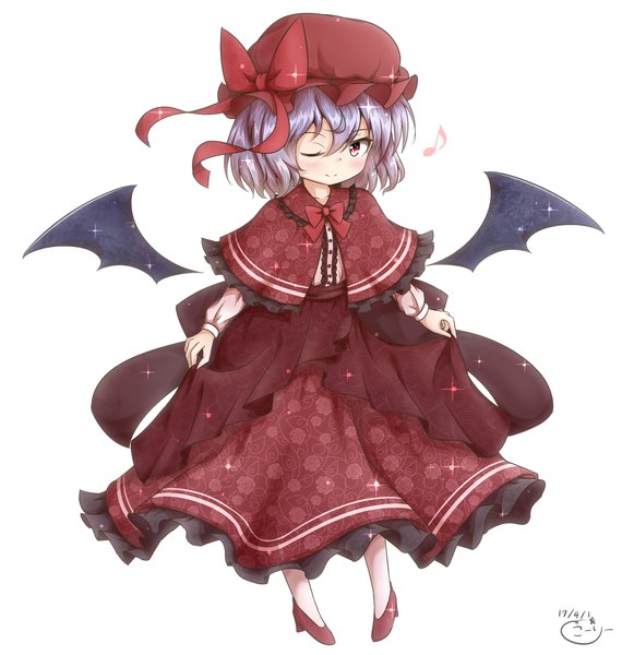 Anime-Bild 2895x3049 mit touhou remilia scarlet coreytaiyo single tall image looking at viewer fringe highres short hair simple background smile hair between eyes red eyes standing white background signed blue hair full body one eye closed floral print