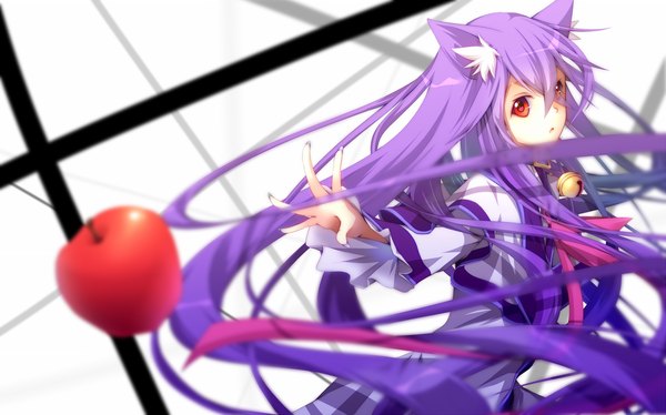 Anime picture 1500x937 with original kawasaki toiro single looking at viewer red eyes wide image white background animal ears purple hair very long hair cat ears cat girl girl dress bell fruit jingle bell apple