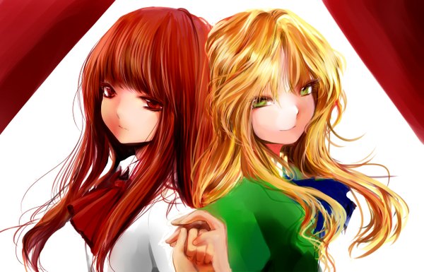 Anime picture 1300x835 with ib (game) ib (ib) mary (ib) mifune (mifunesousi) long hair looking at viewer blonde hair red eyes brown hair multiple girls green eyes light smile back to back girl dress 2 girls