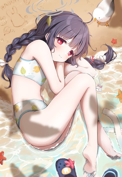 Anime picture 1177x1700 with blue archive miyu (blue archive) miyu (swimsuit) (blue archive) masshirokachi single long hair tall image looking at viewer blush light erotic black hair red eyes full body ahoge outdoors lying braid (braids) bare legs twin braids partially submerged