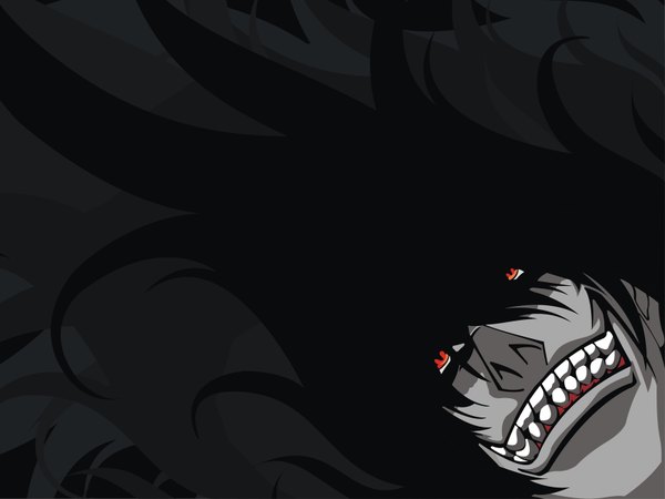 イラスト 1600x1200 と ヘルシング アーカード (ヘルシング) ソロ 長髪 黒髪 赤い目 grin dark background vector vampire animal eyes 男性