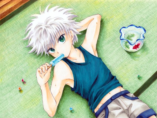Anime picture 1200x900 with hunter x hunter killua zaoldyeck ichiha sanami single looking at viewer fringe short hair hair between eyes bare shoulders holding green eyes white hair lying from above midriff on back sweat arm behind head eating boy