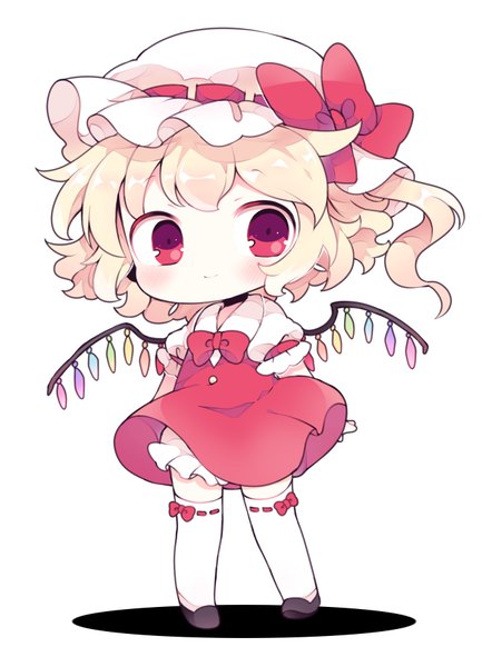 Anime picture 650x900 with touhou flandre scarlet kyou (nekoneko) single tall image blush short hair blonde hair simple background red eyes standing white background looking away full body light smile one side up chibi cute girl thighhighs