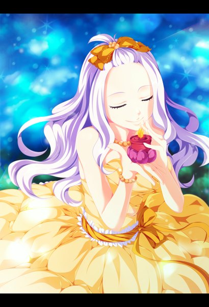 Anime picture 2000x2927 with fairy tail mirajane strauss salim202 single long hair tall image highres smile bare shoulders ahoge white hair eyes closed coloring letterboxed girl dress bow hair bow star (stars) beads