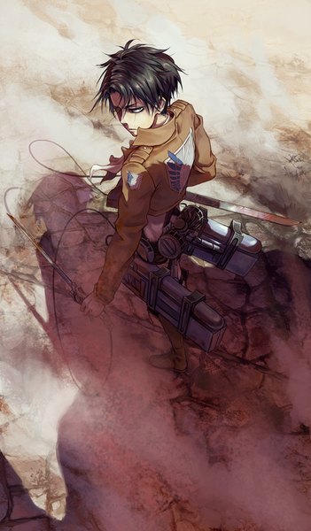 Anime picture 601x1025 with shingeki no kyojin production i.g levi (rivaille) tervola single tall image looking at viewer short hair black hair standing holding from above shadow looking up dual wielding bloody weapon boy uniform weapon boots