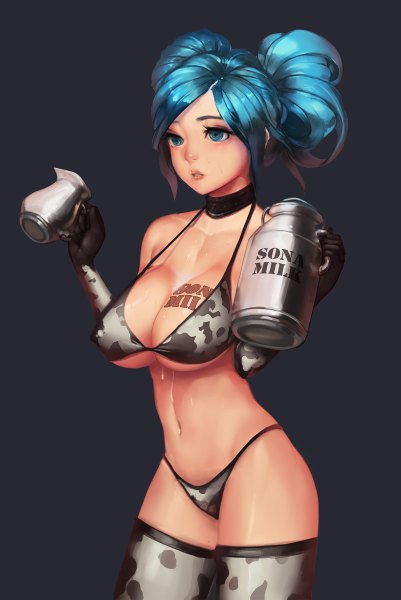 Anime-Bild 802x1200 mit league of legends sona buvelle single tall image breasts blue eyes light erotic large breasts twintails bare shoulders blue hair looking away tattoo dark background alternate hairstyle hair up girl thighhighs gloves navel