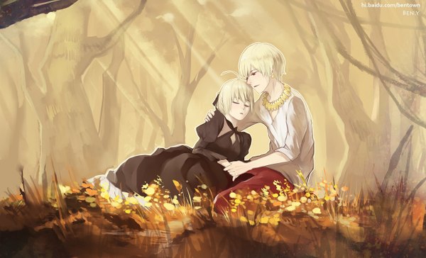 Anime picture 1280x778 with fate (series) fate/stay night fate/zero studio deen type-moon artoria pendragon (all) saber gilgamesh (fate) ben (pixiv) fringe blonde hair red eyes wide image eyes closed sunlight kneeling dress plant (plants) tree (trees) water
