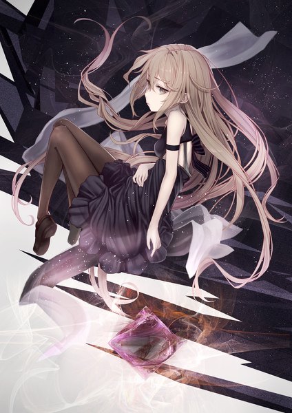 Anime picture 848x1200 with original bute (butegram) single long hair tall image looking at viewer fringe hair between eyes brown hair brown eyes full body sleeveless floating hair knees together feet apart girl dress pantyhose shoes black pantyhose black dress