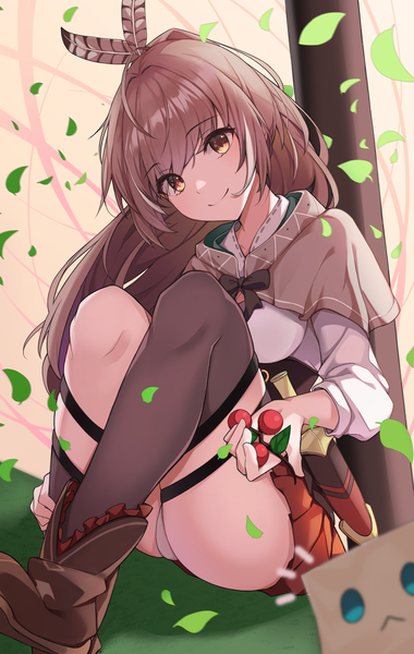Anime picture 2600x4100 with virtual youtuber hololive hololive english nanashi mumei nanashi mumei (1st costume) friend (nanashi mumei) pipipipyu single long hair tall image looking at viewer fringe highres light erotic smile brown hair sitting brown eyes ponytail head tilt