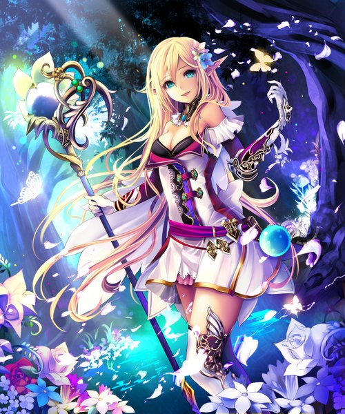 Anime picture 666x800 with kamigoku no valhalla gate aoi (kirabosi105) single long hair tall image looking at viewer blonde hair smile standing bare shoulders hair flower aqua eyes wind pointy ears sunlight official art sunbeam girl gloves hair ornament