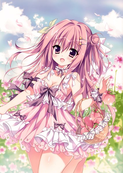 Anime picture 2137x3000 with original herurun single long hair tall image looking at viewer blush highres open mouth purple eyes sky purple hair cloud (clouds) scan girl flower (flowers) bow hair bow frills sundress