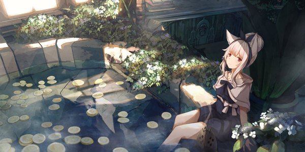 Anime picture 2048x1024 with original mashiro (sagiri) sagiri (ulpha220) single long hair looking at viewer fringe highres smile red eyes wide image sitting animal ears payot bent knee (knees) outdoors white hair blunt bangs from above arm support
