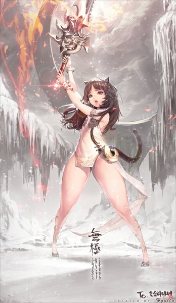 Anime picture 600x1032 with blade & soul lyn (blade & soul) nightmadness single long hair tall image light erotic black hair red eyes animal ears tail animal tail cat ears cat tail legs thick thighs girl weapon sword bracelet