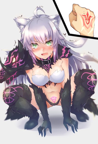 Anime picture 2760x4040 with fate (series) fate/grand order atalanta (fate) atalanta (alter) (fate) samoore long hair tall image blush fringe highres breasts open mouth light erotic simple background hair between eyes green eyes animal ears payot cleavage silver hair