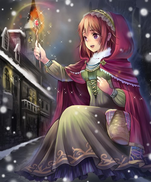 Anime picture 2500x3000 with shingoku no valhalla gate original shiawase usagi (artist) single tall image blush fringe highres short hair open mouth brown hair sitting purple eyes looking away night sparkle night sky magic snowing winter