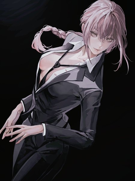 Anime picture 1536x2048 with chainsaw man mappa makima (chainsaw man) deadprince single long hair tall image looking at viewer fringe breasts light erotic simple background hair between eyes brown hair large breasts standing yellow eyes payot braid (braids) long sleeves