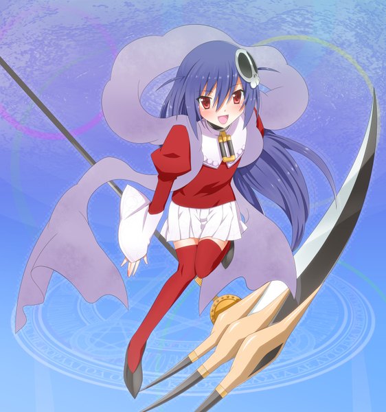 Anime picture 1500x1600 with kami nomi zo shiru sekai haqua du lot herminium yuto (dialique) single long hair tall image blush open mouth red eyes blue hair girl thighhighs hair ornament scythe skull hair ornament