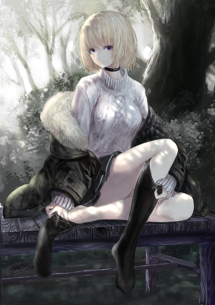 Anime picture 1414x2000 with original iori (cpeilad) single tall image looking at viewer blush fringe short hair blonde hair smile hair between eyes sitting purple eyes bent knee (knees) outdoors pleated skirt open jacket no shoes fur trim sleeves past wrists