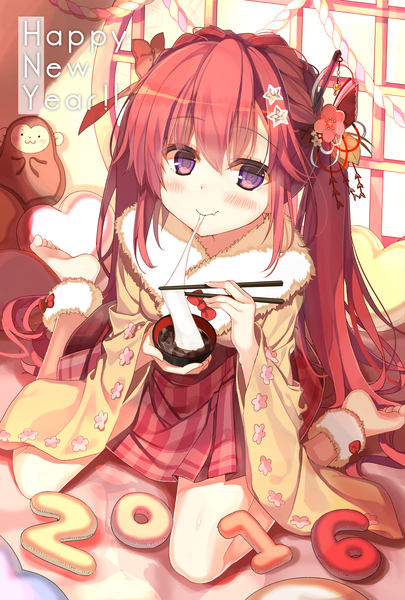 Anime picture 3000x4440 with original hisakahazara (hijojo) single long hair tall image looking at viewer blush fringe highres smile sitting twintails purple eyes holding payot full body bent knee (knees) red hair indoors traditional clothes