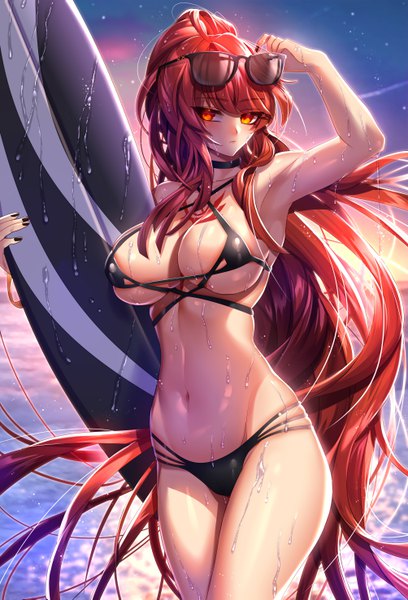Anime-Bild 4016x5906 mit elsword elesis (elsword) been single tall image looking at viewer blush highres breasts light erotic red eyes large breasts standing holding absurdres cleavage outdoors ponytail red hair very long hair
