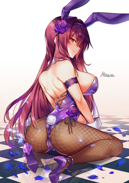 Anime-Bild 1512x2150 mit fate (series) fate/grand order scathach (fate) (all) scathach (fate) scathach (piercing bunny) (fate) maett single long hair tall image looking at viewer blush fringe breasts light erotic simple background hair between eyes red eyes large breasts white background sitting
