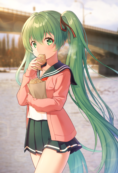 Anime picture 1500x2195 with vocaloid hatsune miku pine (angel4195202) single tall image fringe hair between eyes twintails green eyes very long hair pleated skirt green hair lens flare eating river photo background girl skirt uniform ribbon (ribbons)