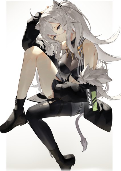Anime picture 2244x3167 with virtual youtuber hololive shishiro botan shishiro botan (1st costume) scottie (phantom2) single long hair tall image looking at viewer fringe highres breasts simple background hair between eyes sitting bare shoulders animal ears silver hair full body ahoge