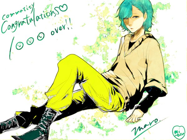Anime picture 1400x1050 with nico nico singer maro (singer) eco (mayoko) single aqua hair boy boots pants sweater