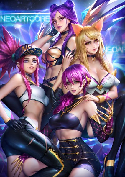 Anime picture 900x1273 with league of legends k/da (league of legends) ahri (league of legends) akali (league of legends) evelynn (league of legends) k/da akali k/da ahri k/da evelynn kai'sa k/da kai'sa nudtawut thongmai long hair tall image looking at viewer blush fringe breasts light erotic blonde hair smile