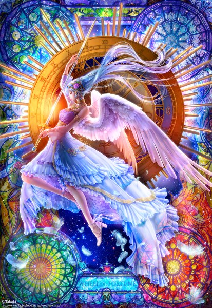 Anime picture 827x1200 with original takashi mare single tall image fringe bare shoulders signed sky very long hair hair flower inscription legs angel wings white wings girl dress hair ornament flower (flowers) weapon detached sleeves
