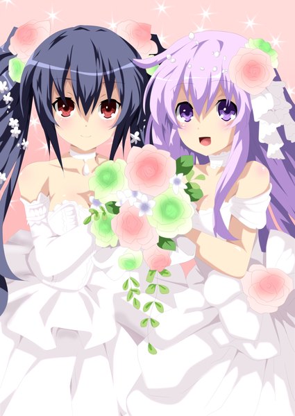 Anime picture 3200x4518 with choujigen game neptune noire nepgear stingcunha long hair tall image blush highres open mouth black hair smile twintails bare shoulders multiple girls brown eyes pink hair absurdres pink eyes hair flower coloring
