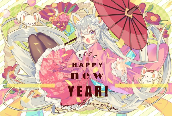 Anime-Bild 4078x2756 mit original ikari (aor3507) single looking at viewer highres open mouth blue eyes animal ears absurdres silver hair ahoge very long hair :d new year happy new year 2020 mouse ears girl animal pantyhose