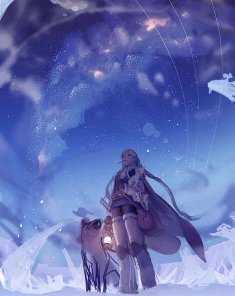 Anime picture 1000x1260 with original sime (echo) single tall image fringe standing purple eyes holding looking away braid (braids) very long hair wind night from below night sky mouth hold lens flare single braid looking up milky way