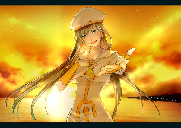 Anime picture 3541x2507 with aria alice carroll long hair highres green eyes absurdres sky grey hair sunlight outstretched arm evening sunset girl dress hat water sea beret