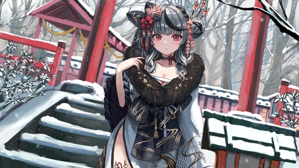 Anime picture 2560x1440 with virtual youtuber hololive sakamata chloe sakamata chloe (new year) tachikana single long hair looking at viewer highres breasts light erotic red eyes wide image cleavage outdoors traditional clothes japanese clothes multicolored hair grey hair hair bun (hair buns)