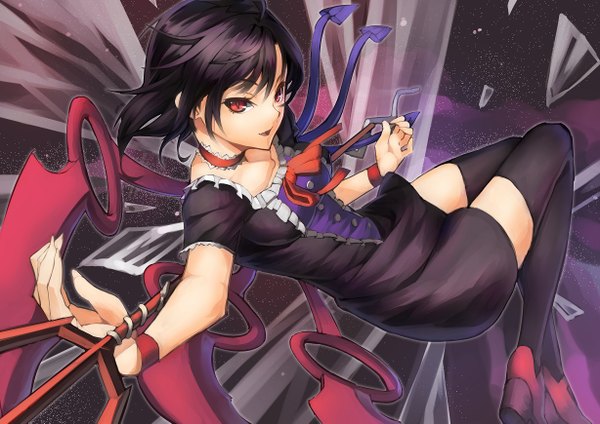 Anime picture 1228x869 with touhou houjuu nue scottie (phantom2) single looking at viewer short hair open mouth black hair red eyes zettai ryouiki girl thighhighs dress black thighhighs wings trident